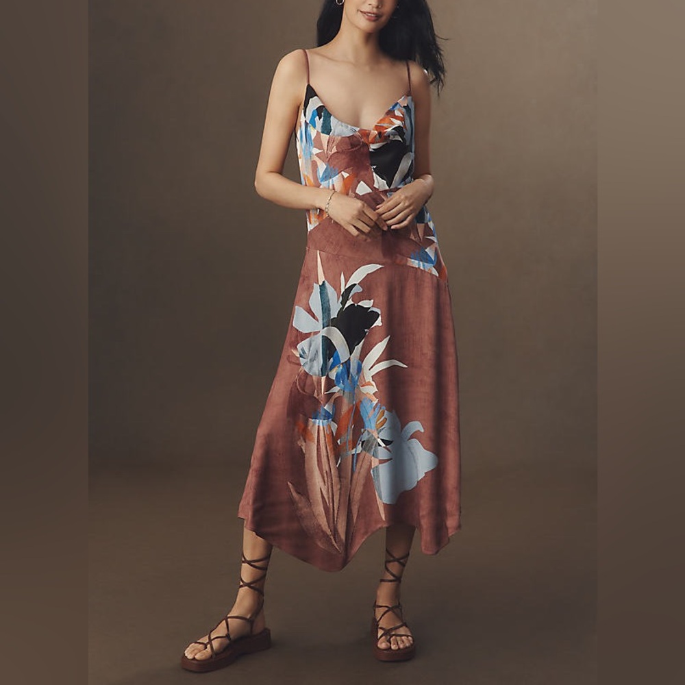 Anthropologie Cowl-Neck Midi Slip Dress, Brown Pattern NWT